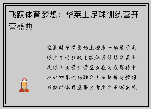 飞跃体育梦想：华莱士足球训练营开营盛典